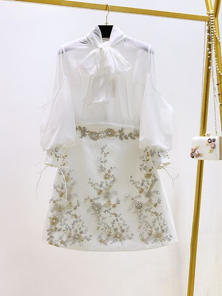 

two piece dress runway autumn skirt suits womens sets fashion lantern sleeve bows chiffon blouses vintage beaded flower appliques skirts 23, White