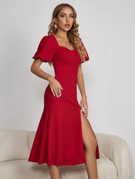

2023 puff sleeve split thigh dress she, Black;gray