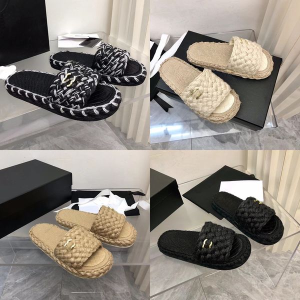 

2022 designer luxury twine hand woven slippers womens fashion black white gray outdoors slides sandal ladys round head thick bottom casual f