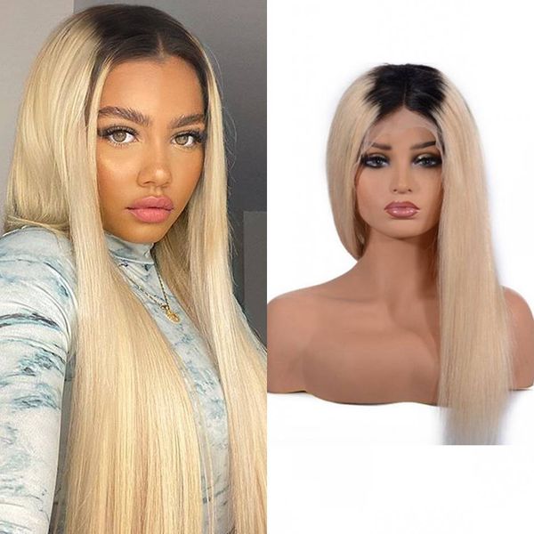 

t1b/613 lace front wig pre plucked ombre color peruvian straight dark roots blonde human hair wigs with baby hair, Black;brown