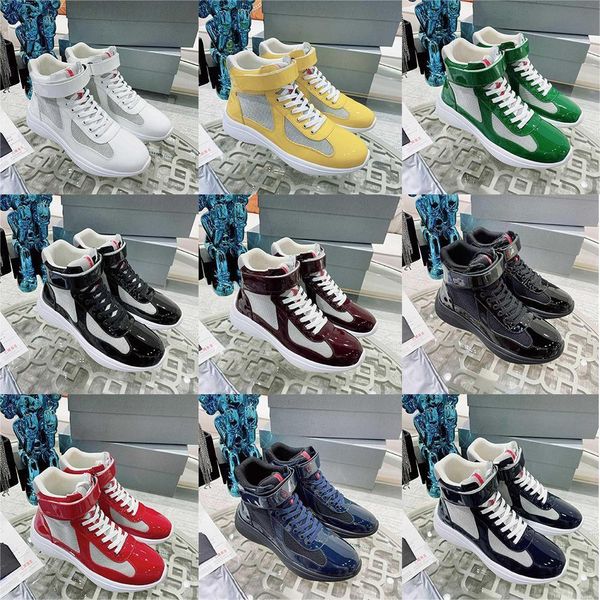

with box prad designer sneakers america cup shoes men sneakers high patent leather flat trainers black blue mesh lace-up nylon casual sho fq