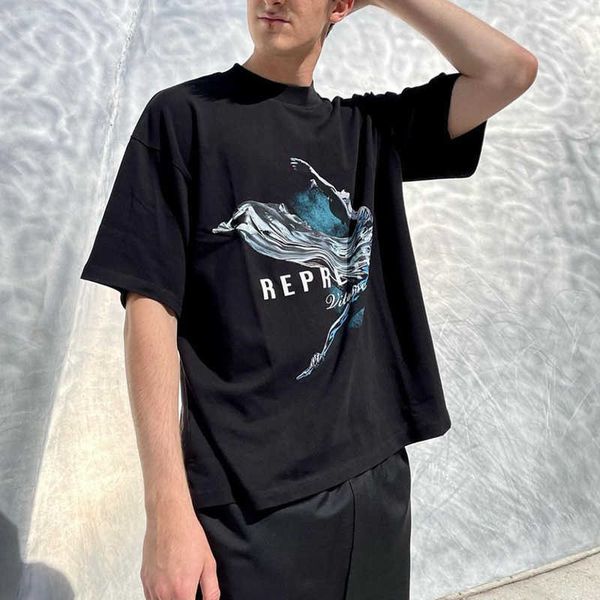 

2023 men's and women's fashion t shirt western european brand designer rep abstract dancer girl slogan couple loose same short sle, White