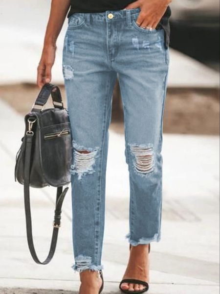 

women's jeans women's jeans straight mid waist ripped jeans 230222, Blue