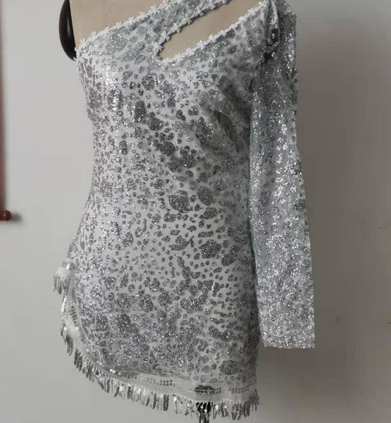 

casual dresses one shoulder high waist sequin sparkly slit shout mini dress women 2022 exotic luxury elegant evening formal summercasua, Black;gray