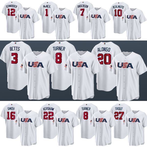 

22 clayton kershaw usa baseball white 2023 world baseball player jersey mookie betts will smith adam wainwright trea turner mike trout j.t., Blue;black