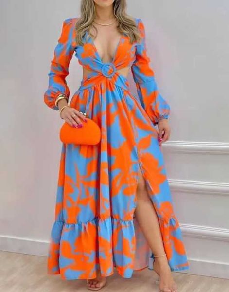 

casual dresses 2022 spring women long sleeved cutout v-neck twist summer elegant tie dyed floral printed lantern sleeve split thigh maxi dre, Black;gray