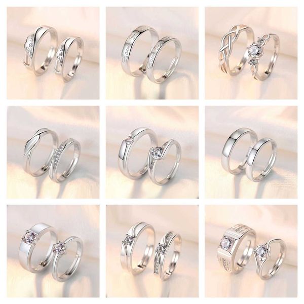 

niche simple fashion diamond set zircon couple ring opening adjustable plain female diamond ring, Silver
