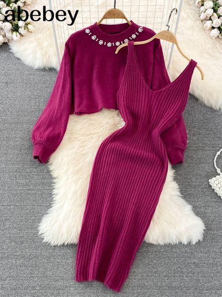 

two piece dress beading knitted women sets loose long sleeves sweater solid elastic french style casual set 230222, White