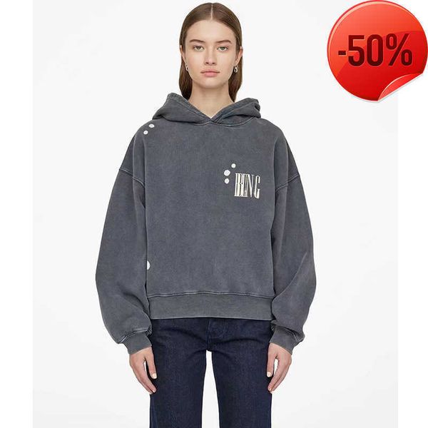 

anine bing women hoodie classic letter print sweatshirt hooded fashion pullover washed loose hoodies632, Black