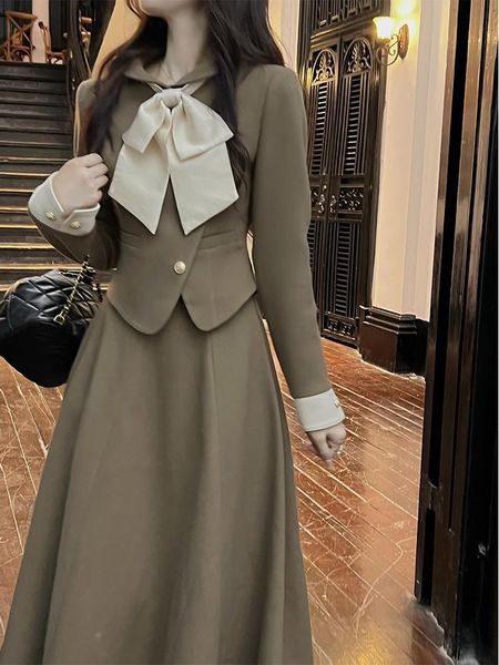 

two piece dress autumn vintage set women japanese elegant bow midi skirt female casual korean fashion long party suit 230222, White