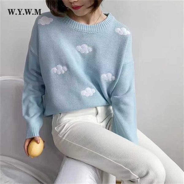 

wywm winter loose clouds embroidery knitted sweater women korean casual o-neck pullover female base minimalist clothing 230222, White;black