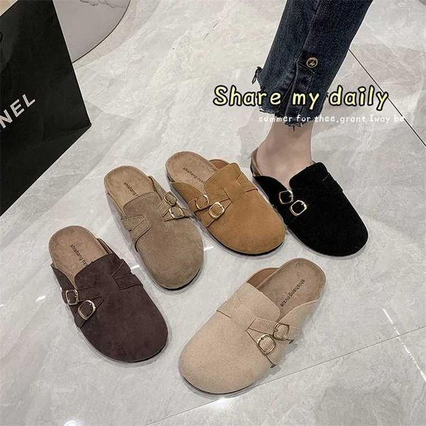 

designer birkinstock slippers outlet 2023 spring new type bucken shoes frosted leather cross belt half bag one foot lazy slippers women&#039, Black