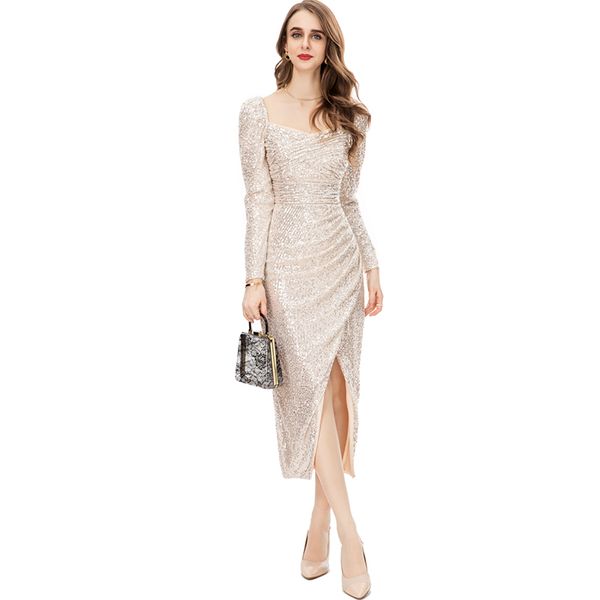 

women's runway dresses sweetheart sequined long sleeves split fashion designer prom gown, Black