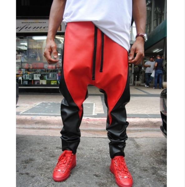 

men's pants 27 clohting fashion hiphop color block strap casual harem leather trousers plus size costumes 230221, Black