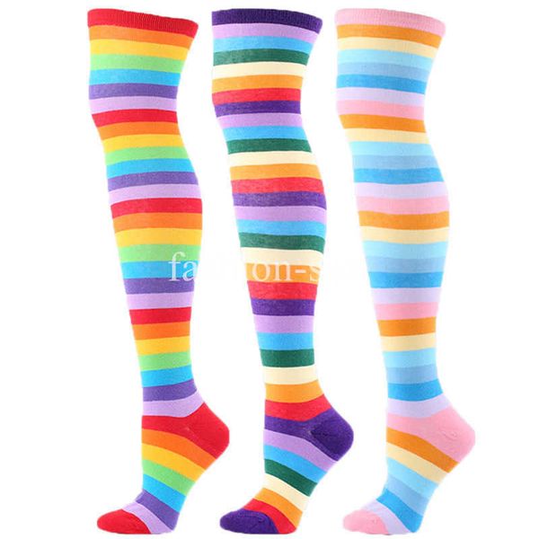 

5pc socks hosiery compression socks rainbow color stripe women long stockings thigh high cute kawaii cotton knit over knee high socks warmer, Black;white