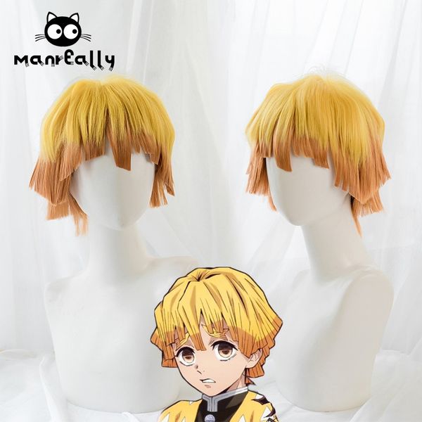 

demon slayer yellow gradient orange upturned short hair cosplay wig, Black