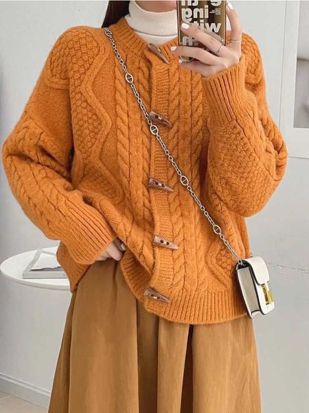 

fashion 2022 women sweater cropped cardigan autumn winter new retro long-sleeved jacket horn button thick pullover 230222, White;black