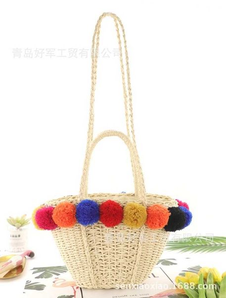 

totes new rainbow hair ball straw bag ins shoulder portable leisure woven handbag beach female messenger bag 0222v23