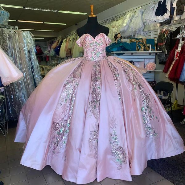 

2023 pink quinceanera dresses ball gowns for sweet 16 girls satin sequined appliques off the shoulder vestidos de 15 anos, Blue;red