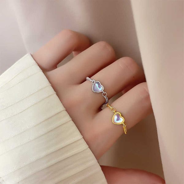 

colorful gradient love moonstone ring pull-out naked chain moon heart-shaped index finger ring women's net red personality, Silver
