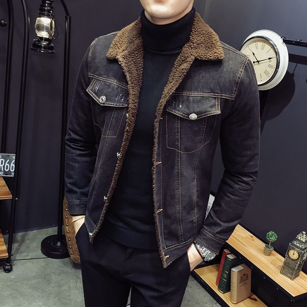 

2023 autunm and winter men's lamb velvet light denim jacket slim jacket denim jacket velvet jean coat mens casual denim outwears-3xl, Black;brown