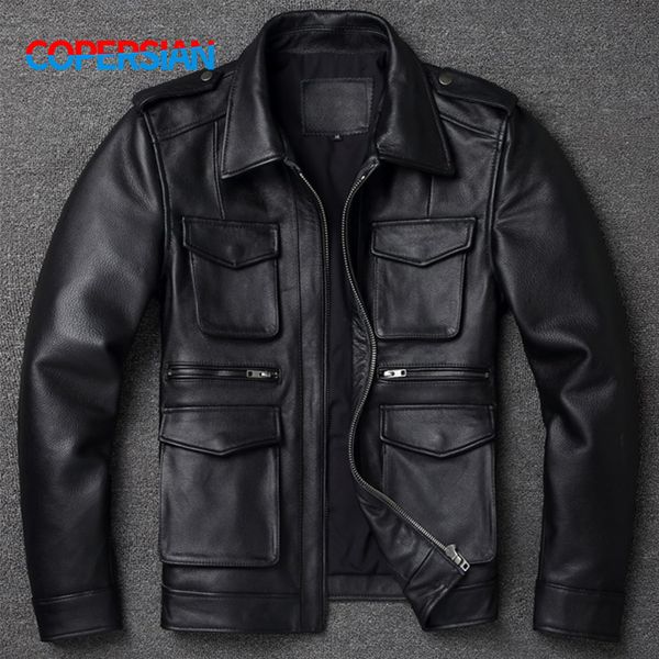 

men s leather faux classic pure cowhide multi pocket winter motorcycle style plus size jacket 230221, Black