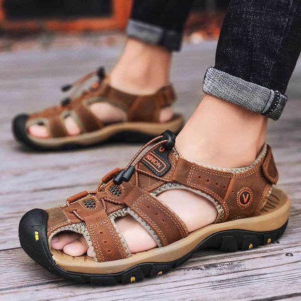 

sandals 2022 genuine leather men shoes summer new large size men's sandals men sandals fashion sandals slippers big size 38-47j230221, Black