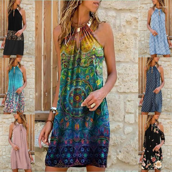 

casual dresses women metal halter dress backless sleeveless hang neck plaid printed summer loose for lady flower plus size, Black;gray