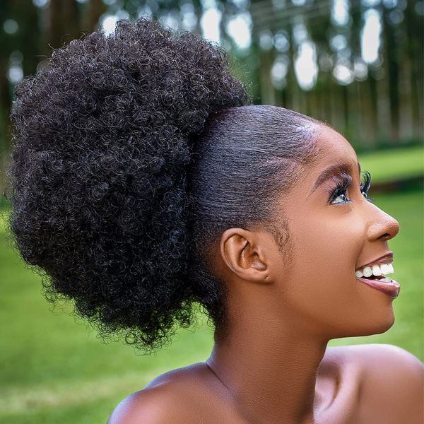 

afro puff drawstring ponytail human hair extension natural kinky curly with clips for black women 140g