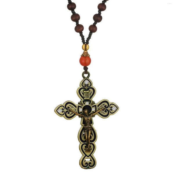 

fjxppendant necklaces cottvoinri crucifix cross jesus prayer wood beads chain rosary chaplet jewelry ancient bronze/copper, Silver