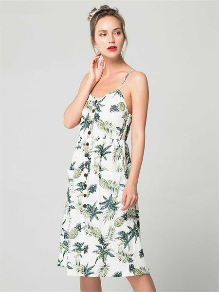 

casual dresses v neck backless floral summer beach dress women white boho striped button sunflower daisy pineapple party midi dresses l23022, Black;gray
