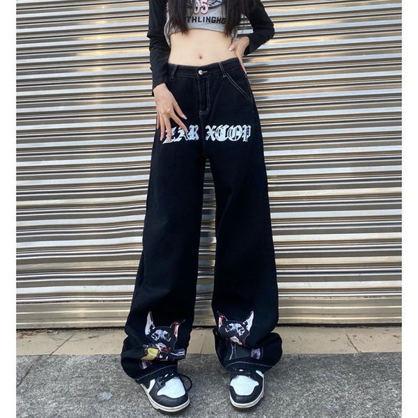 

men's jeans puppy letter printed retro atmosphere gothic straight tube zipper stitching wide leg pants washed trendy 230222, Blue