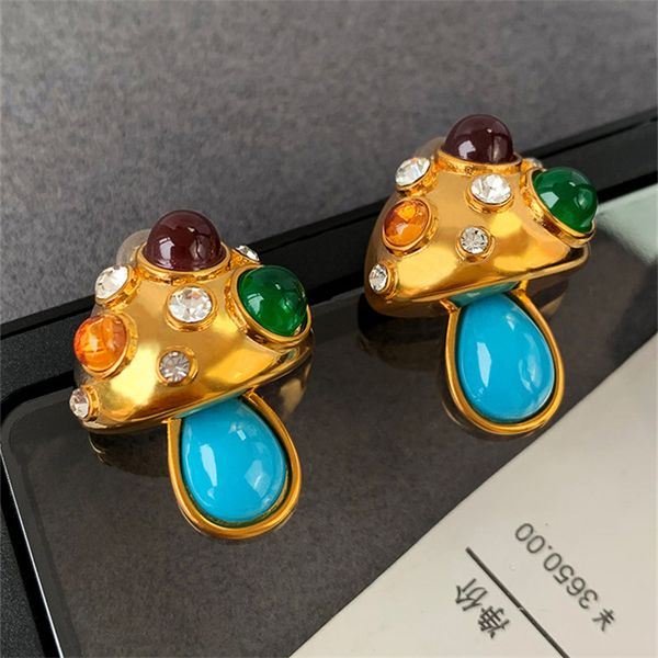 

vintage palace style stud colored glazed mushroom earrings middle ancient niche design elegant noble temperament jewelry accessories, Golden;silver