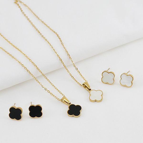 

black white clover pendant necklace earring jewelry set for women, Silver