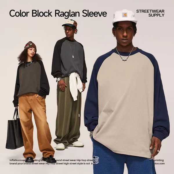 

men's hoodies & sweatshirts color contrast raglan long-sleeved t-shirt bottom fashion sweater, Black