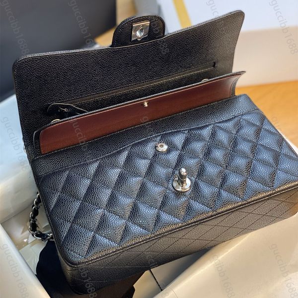 

10a mirror quality classic quilted double flap bag 25cm medium tier genuine leather bags caviar lambskin black purses shoulder chain box bag
