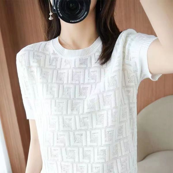 

new designer womens knits high-end womens crew neck cap sleeve lace women long sleeve shorts sleeve luxury fashion thin hollow round neck lo, White