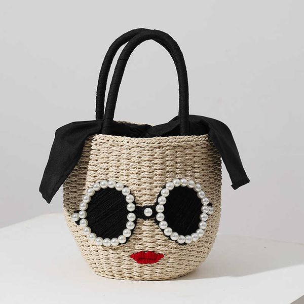 

totes glasses red lips straw woven handbag japanese fashion rattan hand bag cute cartoon japanese fan bucket woven bag female 0222v23
