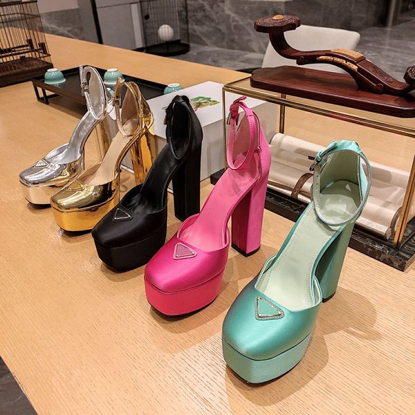 

womens 2023 spring summer satin platform sandal fashion pump shoes elegant chunky high block heel ankle strap closed square toe, Black