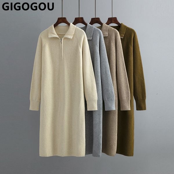 

casual dresses gigogou fashion designer polo women long knitted straight dress zipper thick warm ladies maxi dress christmas pullover midi d, Black;gray