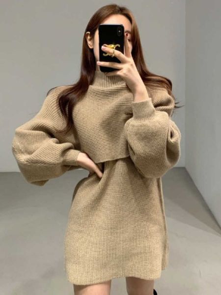 

dresses for women 2022 autumn winter new knitted two-piece turtleneck suit mini sweater thermal set 230222, White;black