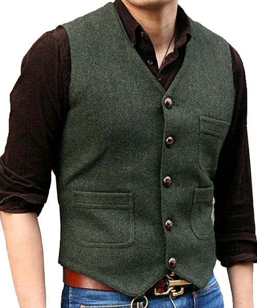 

men's vests suit formal v neck wool herringbone tweed casual waistcoat business vest groomman for wedding greenblackbrown 230222, Black;white