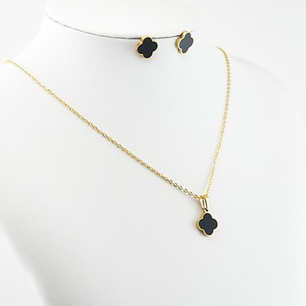 

handmade black white clover pendant necklace earring jewelry set for women, Silver