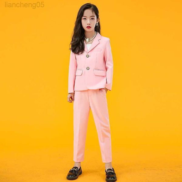 

clothing sets formal children's pink solid color suits set boys girls party host wedding come kids blazer pants 2pcs clothing set w0222, White