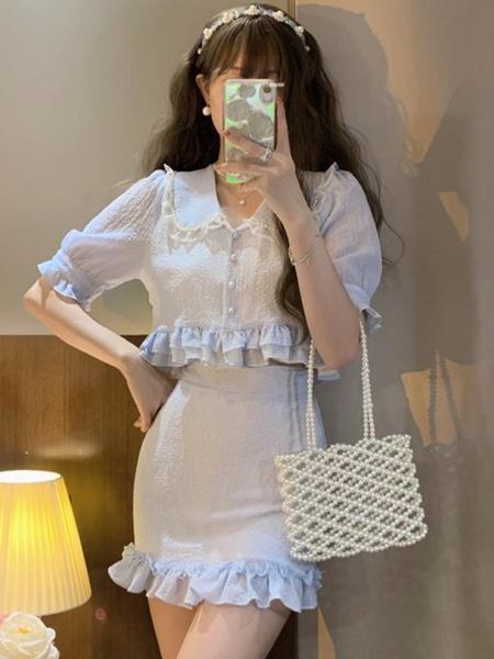 

two piece dress summer chiffon pearls sweet set women korean lace ruffle flounce kawaii mini skirt female slim fit party suit 230222, White