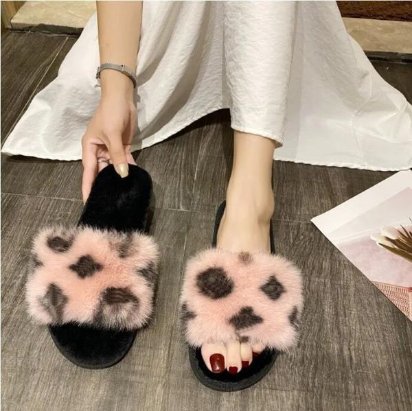 

2022 women fashion leopard fur slippers autumn winter anti-slip warm fluffy slides female open toe sandals indoor outdoor shoes, Black