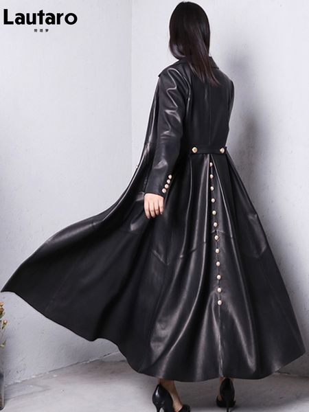 

women's jackets lautaro autumn long skirted red black faux leather trench coat for women double breasted elegant luxury fashion 4xl 5xl, Black;brown