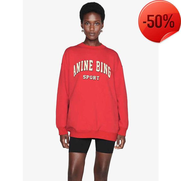 

anine bing women's sweatshirt letter embroidered loose cotton fleece sweater fashion hoodies pullover632, Black