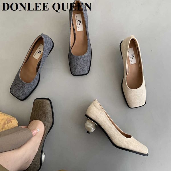 

fashion square toe pearl med heels women shoes female shallow pumps dress office party retro denim zapatillas mujer 0220, Black