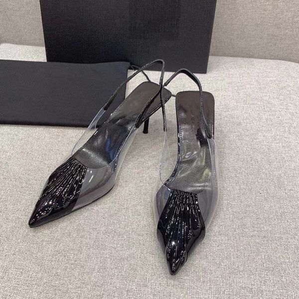 

sole sandals leather designer pvc heels stiletto decoration banquet transparent patent leather tip women wedding dress shoes slippers with b, Black